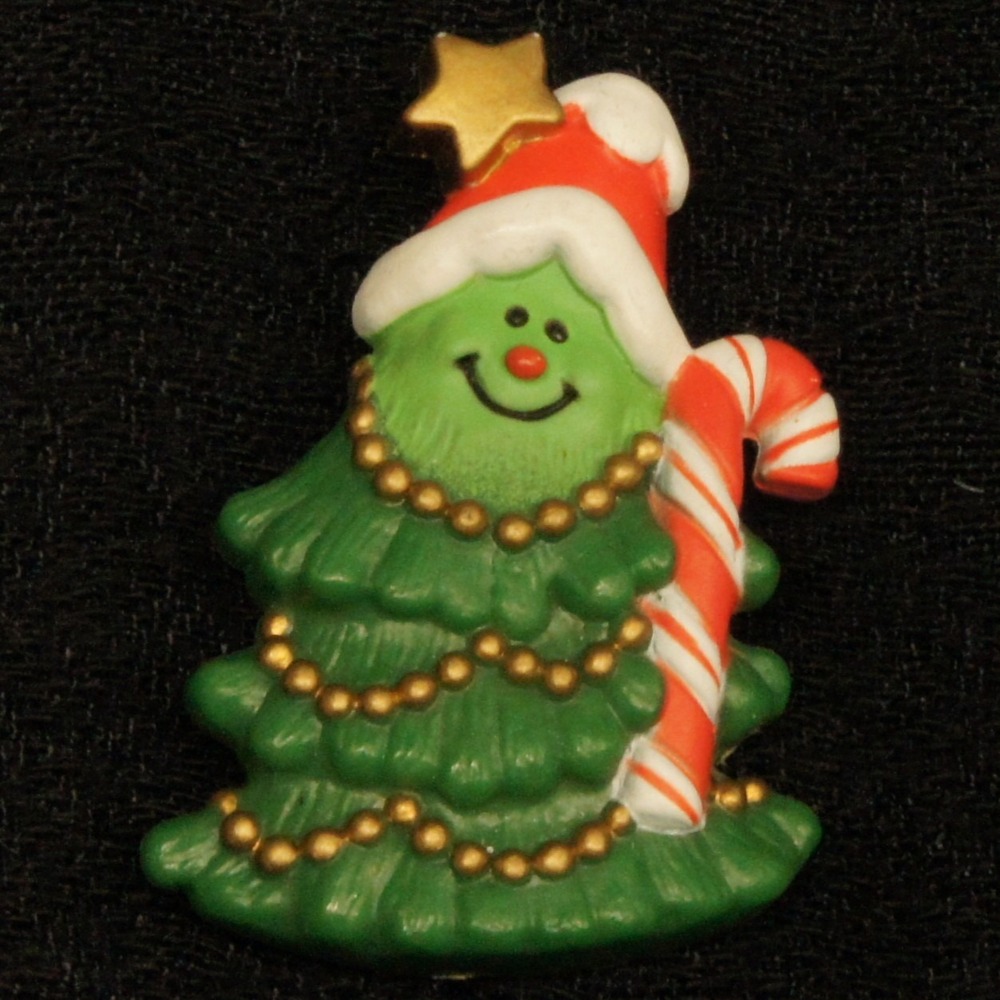 Hallmark Anthropomorphic Tree‎ Brooch Christmas Candy Cane Santa Hat Pin